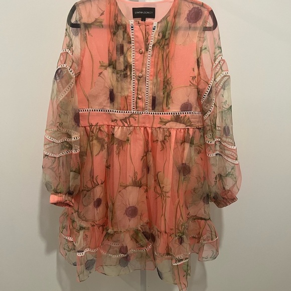 Coral Floral Sheer Dress- CYNTHIA ROWLEY ORGANZA DRESS - Picture 1 of 4
